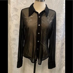 CUE Long Sleeve Button Up Black Sheer Blouse